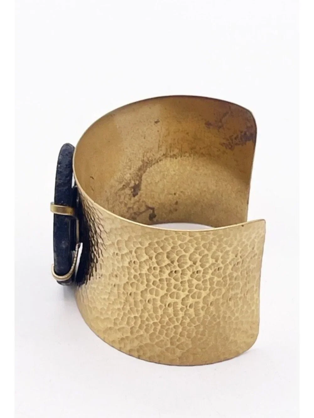 Hammered Brass Black Onyx 2” Wide Cuff Bracelet Artisan Boho Statement Chunky